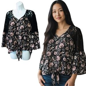 KNOX ROSE Boho Bell Sleeve Black Pink Floral Lace Button Down Top Women’s Small